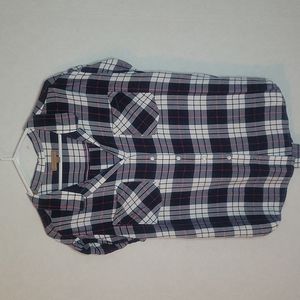Jach's girlfriend, blue, white and red plaid short sleeve button down top